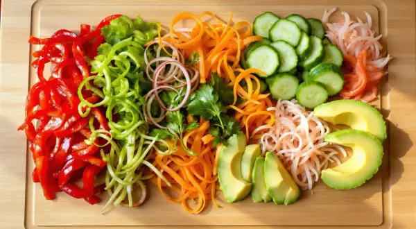Pokrojone warzywa do sushi: papryka, ogórek, marchewka, awokado, cebula, kolendra.